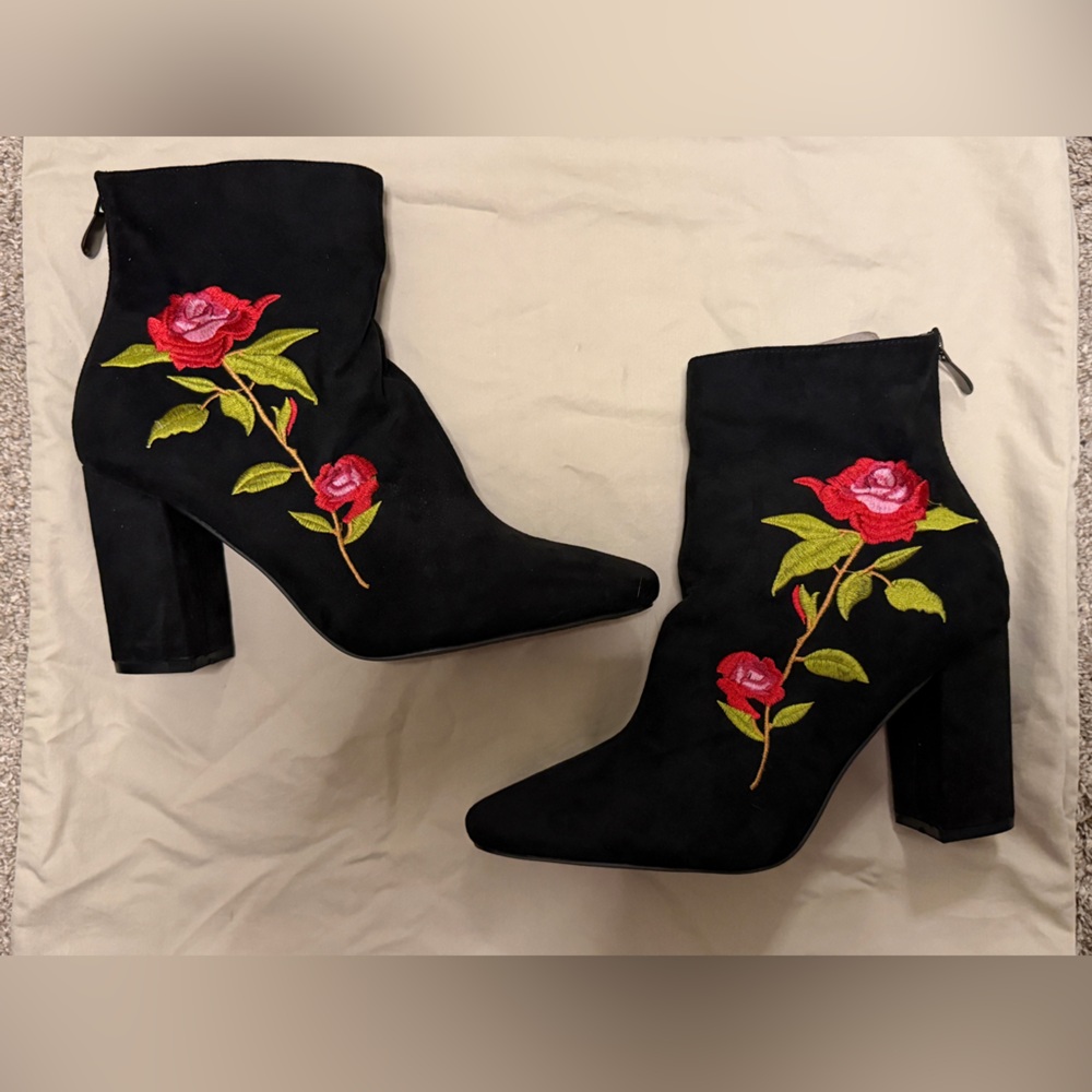 Embroidered Black Ankle Boots